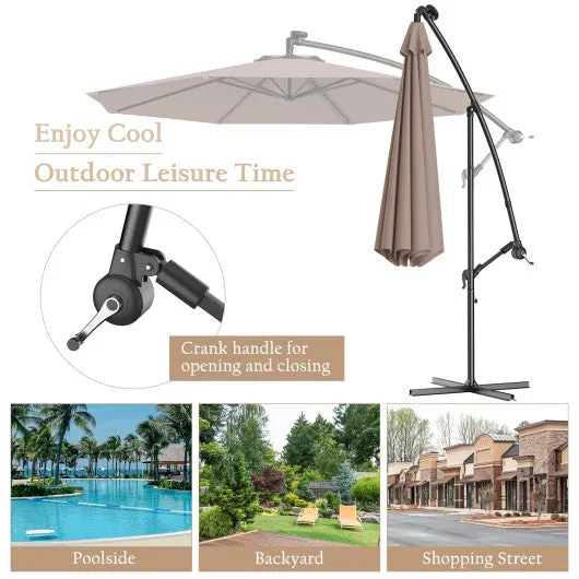 10 Feet Patio Hanging Solar LED Umbrella Sun Shade with Cross Base-Tan