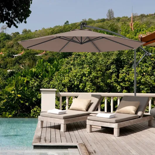10 Feet Patio Hanging Solar LED Umbrella Sun Shade with Cross Base-Tan