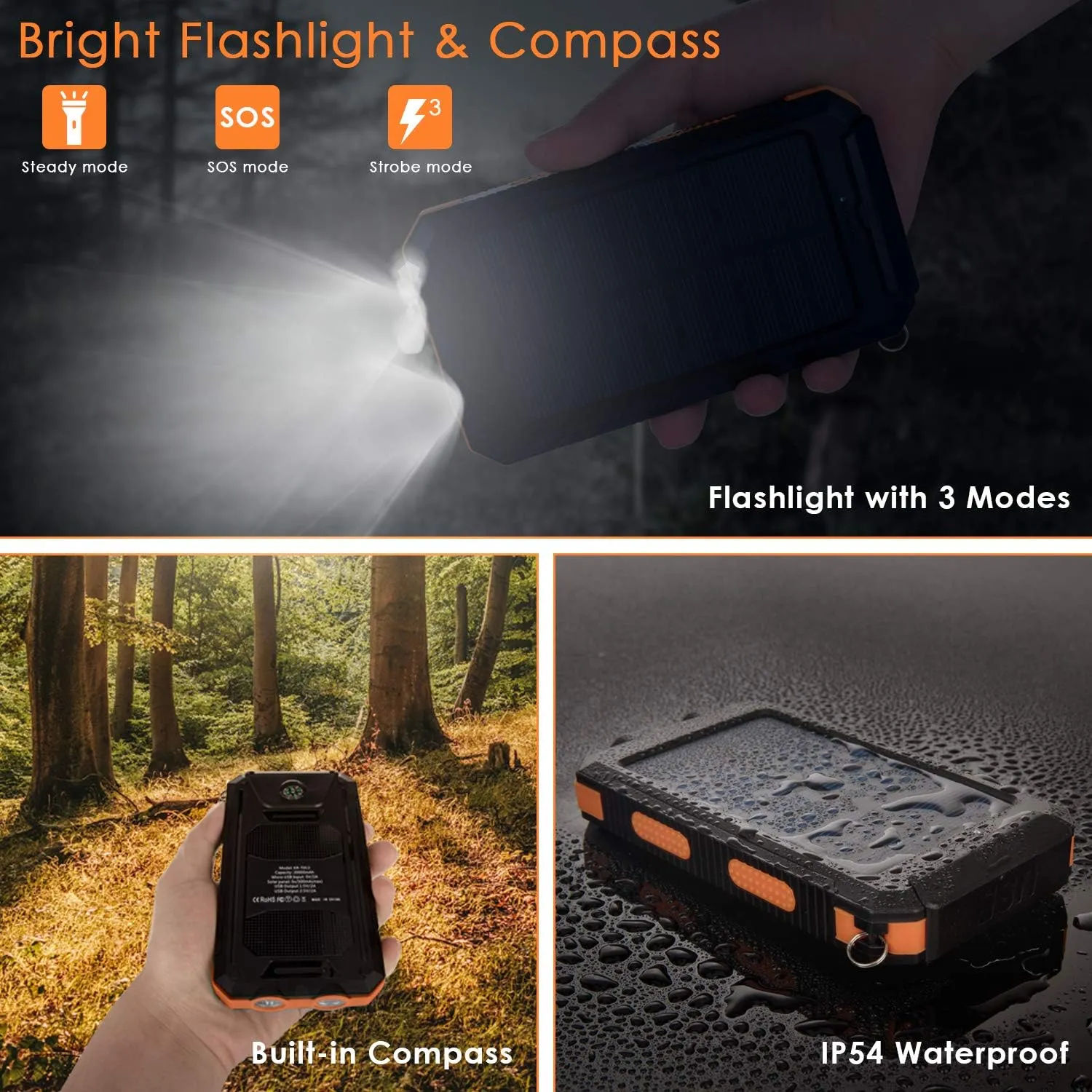 20000Mah Solar Powered Power Bank Flashlight With Compass Pa-14