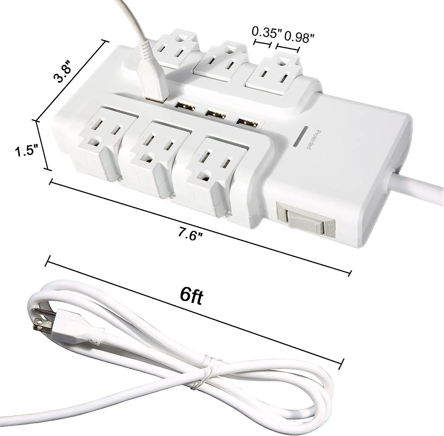6 Outlet 4 USB Ports Rotating Power Strip 6ft with Surge Protector Wall Mount for Home Office