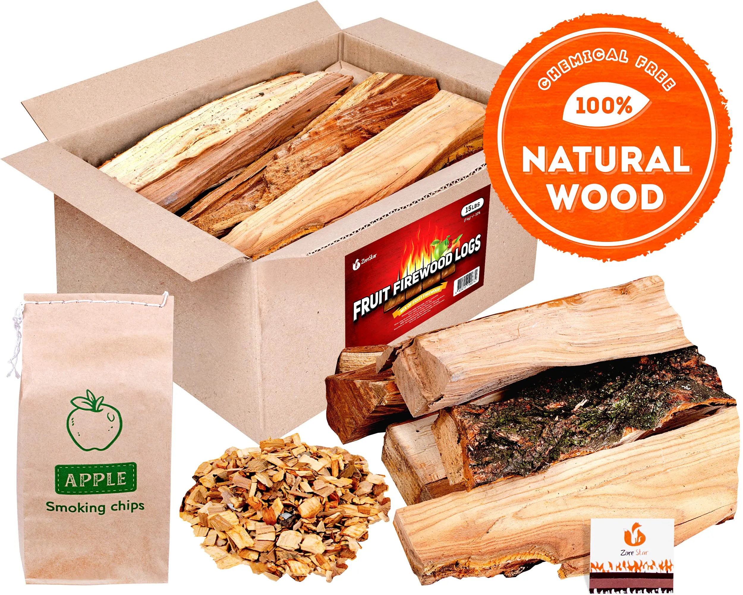 Bbq Cooking Firewood Logs 15 Lb - Apple (Fruit Mix) Fire Wood And Chips - Box Of Fire