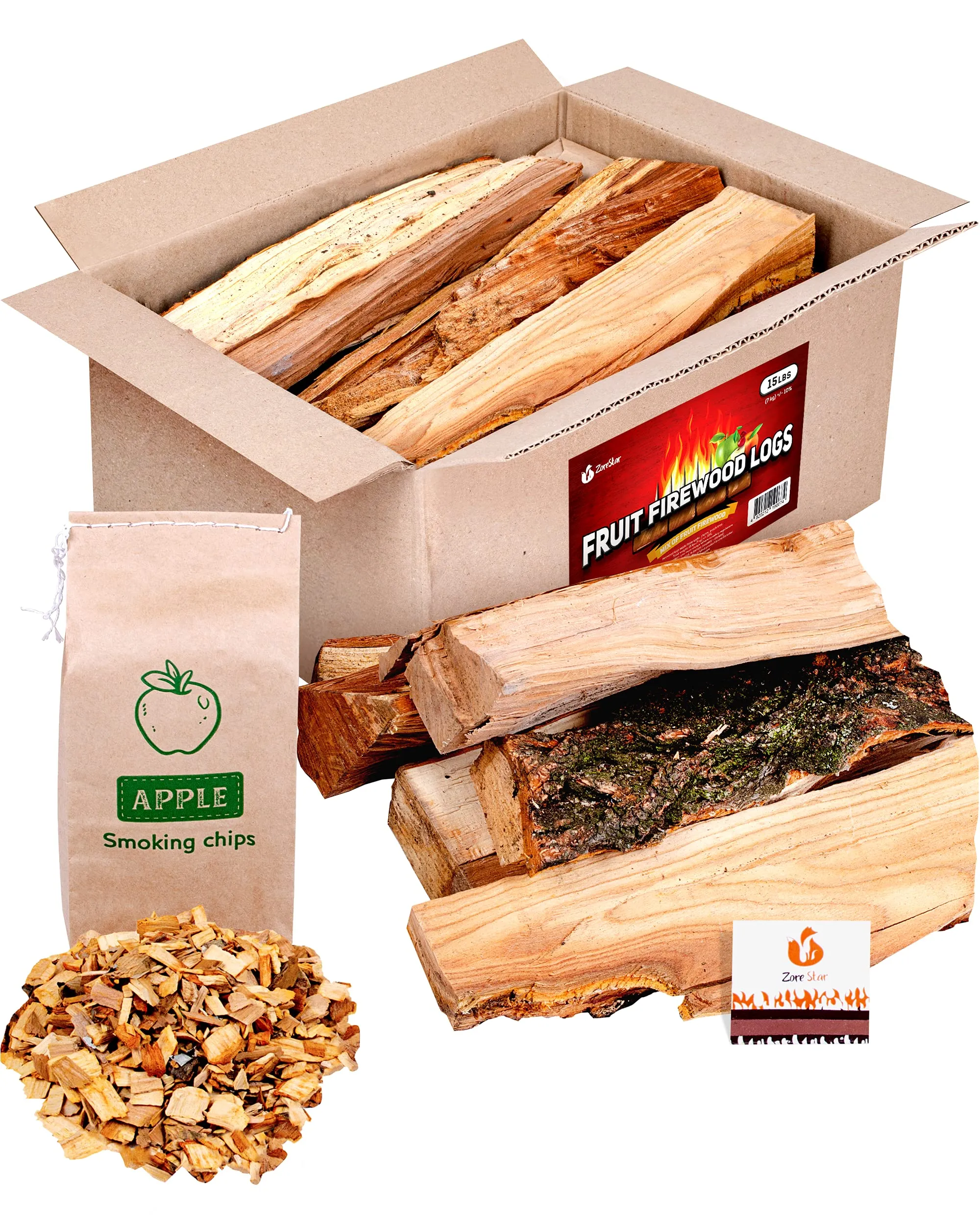 Bbq Cooking Firewood Logs 15 Lb - Apple (Fruit Mix) Fire Wood And Chips - Box Of Fire