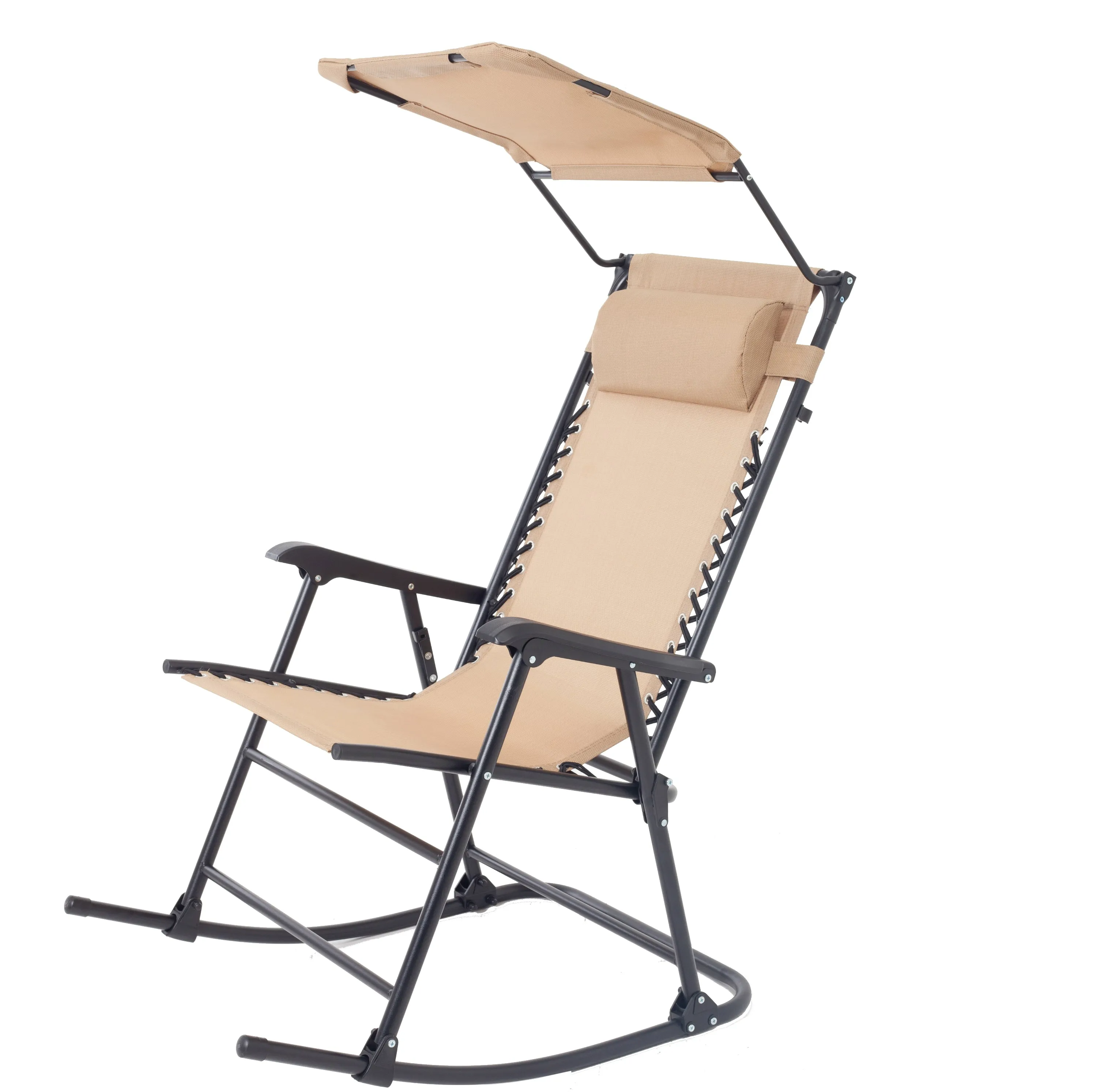 BTEXPERT Zero Gravity Folding Rocker Porch Sunshade Canopy Headrest Pillow Metal Outdoor Arm Beige, One Piece, Tan, Rocking Chair