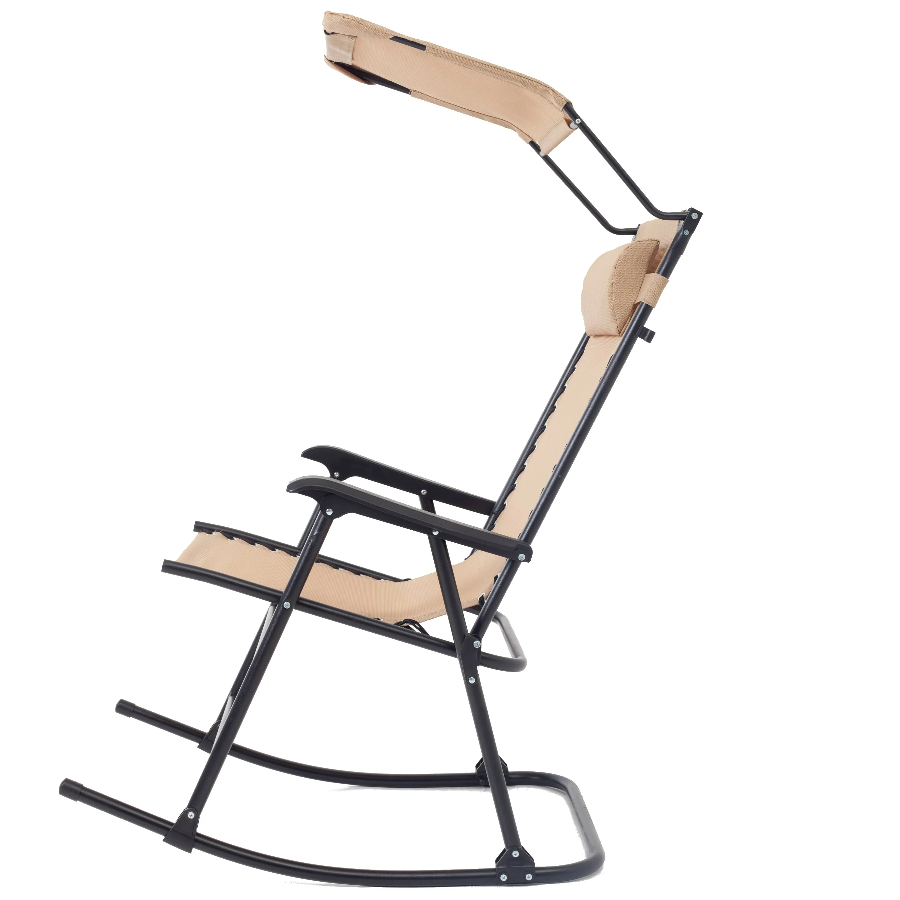 BTEXPERT Zero Gravity Folding Rocker Porch Sunshade Canopy Headrest Pillow Metal Outdoor Arm Beige, One Piece, Tan, Rocking Chair