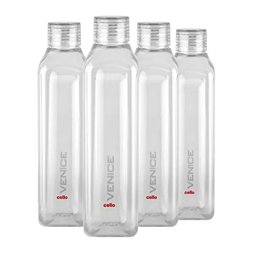 Cello Venice Exclusive Edition Plastic Water Bottle Set, 1 Litre, Set of 4, Clear