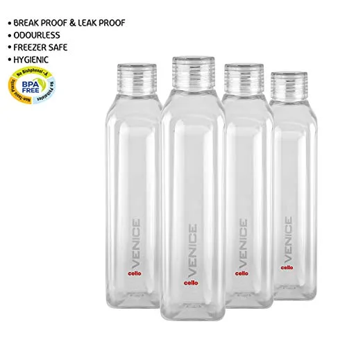 Cello Venice Exclusive Edition Plastic Water Bottle Set, 1 Litre, Set of 4, Clear
