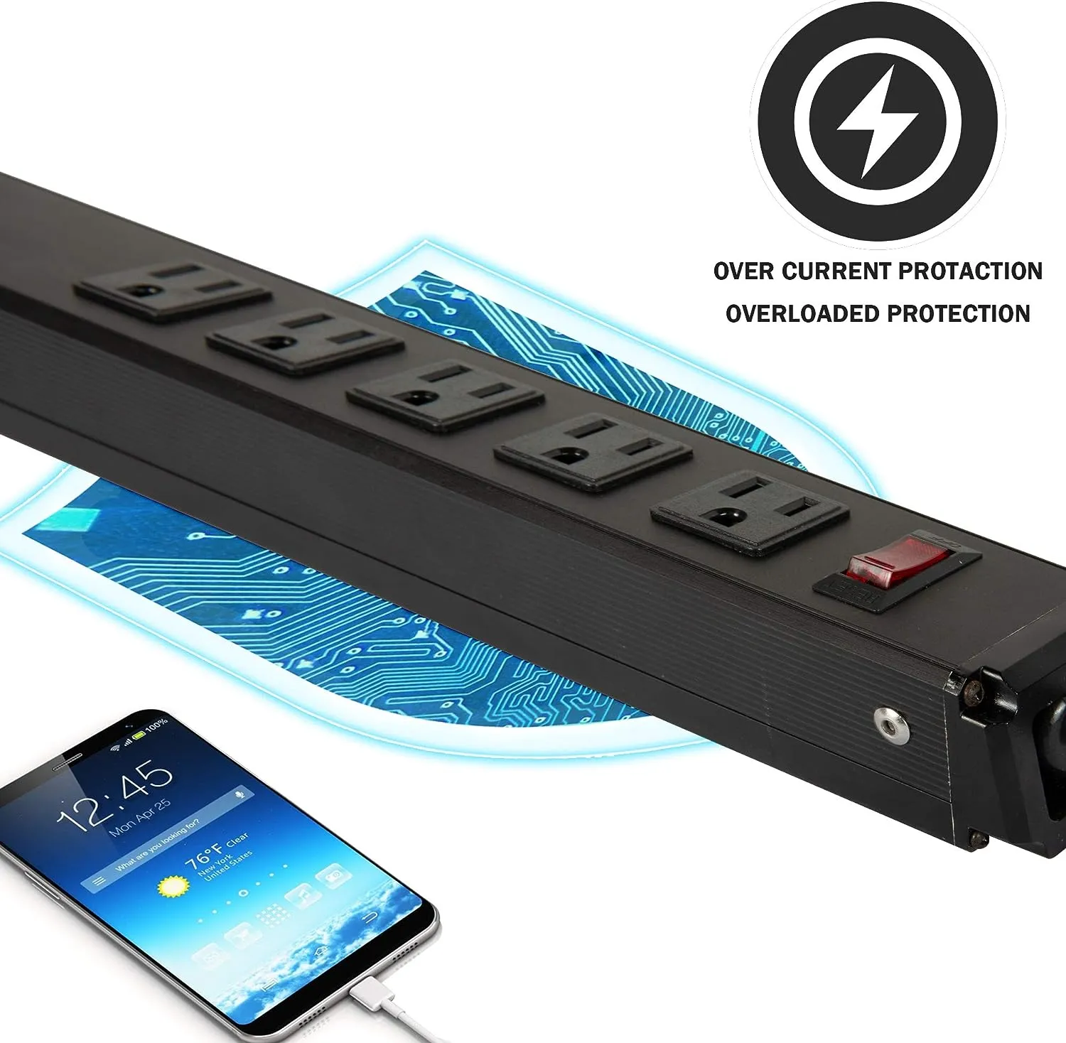 E-Macht 2 Pack Long Power Strip, 6 Metal Power Outlets 2 USB Ports, 6 ft Long Extension Cord with Hook & Loop, Black