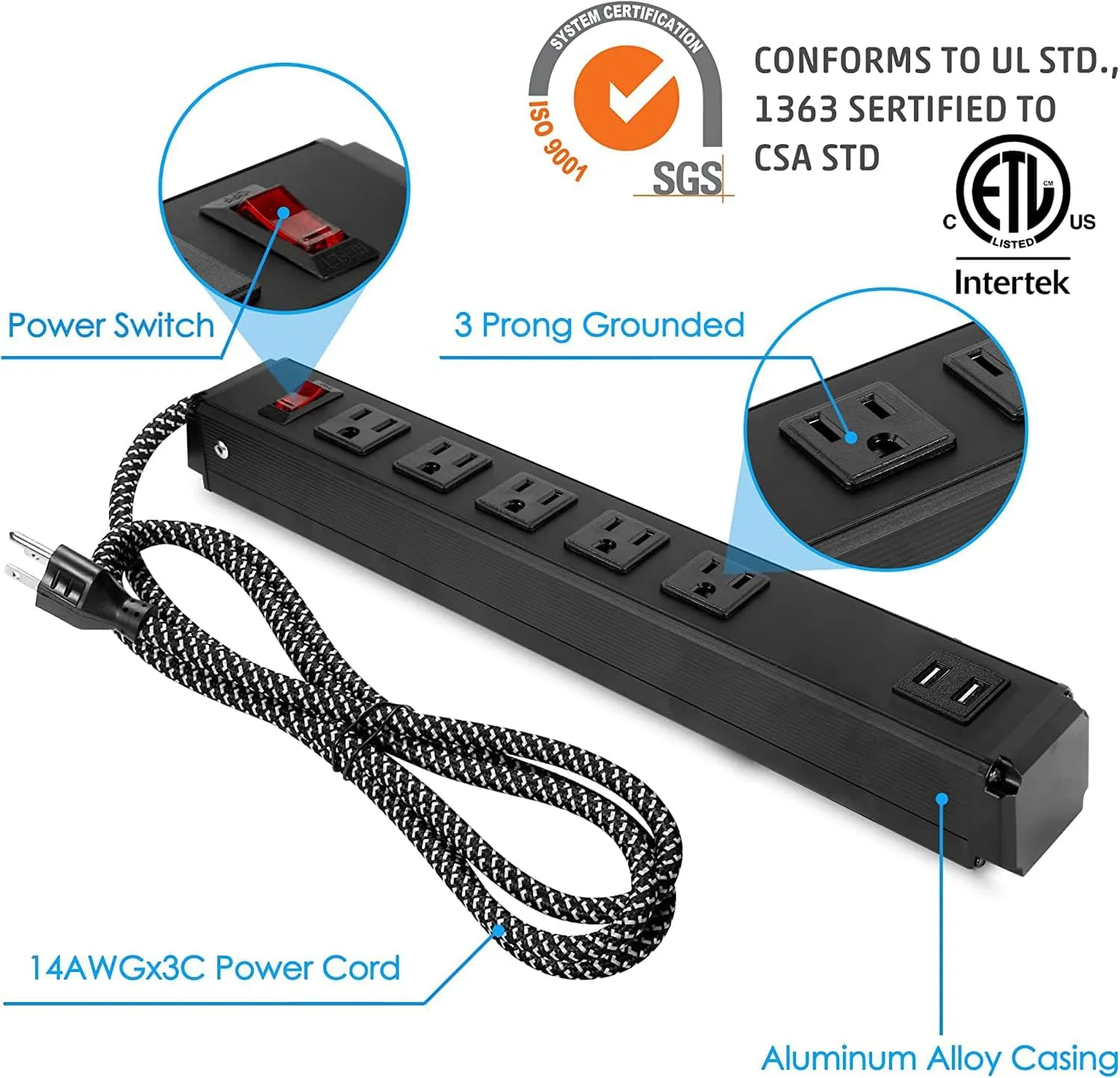 E-Macht 2 Pack Long Power Strip, 6 Metal Power Outlets 2 USB Ports, 6 ft Long Extension Cord with Hook & Loop, Black