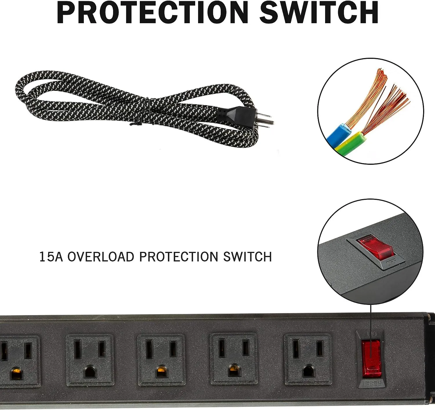 E-Macht 2 Pack Long Power Strip, 6 Metal Power Outlets 2 USB Ports, 6 ft Long Extension Cord with Hook & Loop, Black