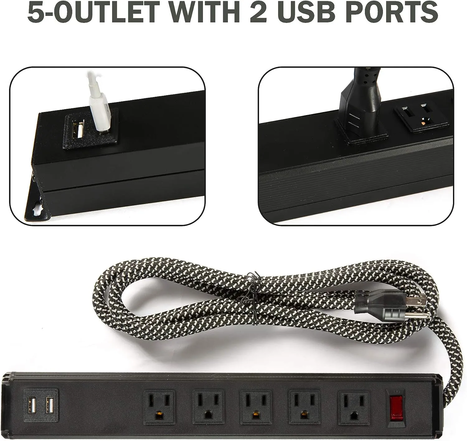 E-Macht 2 Pack Long Power Strip, 6 Metal Power Outlets 2 USB Ports, 6 ft Long Extension Cord with Hook & Loop, Black