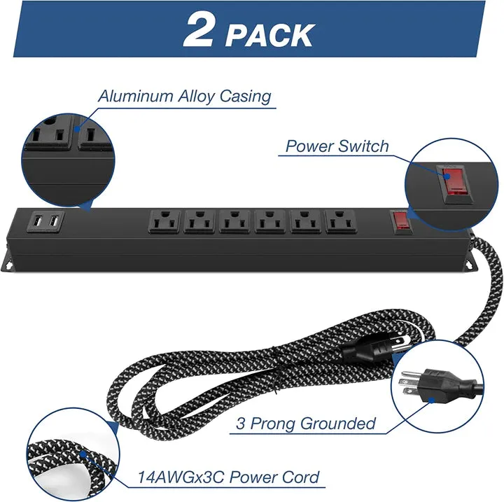 E-Macht 2 Pack Long Power Strip, 6 Metal Power Outlets 2 USB Ports, 6 ft Long Extension Cord with Hook & Loop, Black