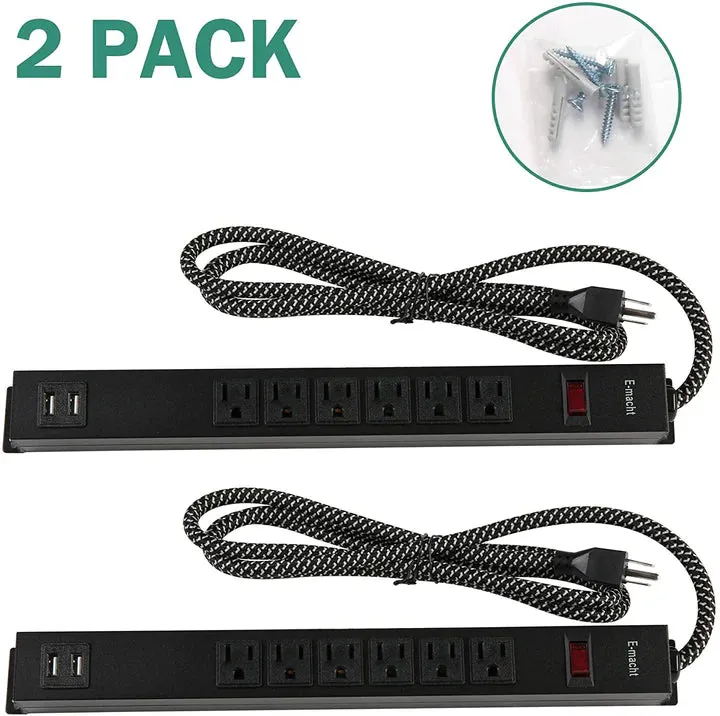 E-Macht 2 Pack Long Power Strip, 6 Metal Power Outlets 2 USB Ports, 6 ft Long Extension Cord with Hook & Loop, Black