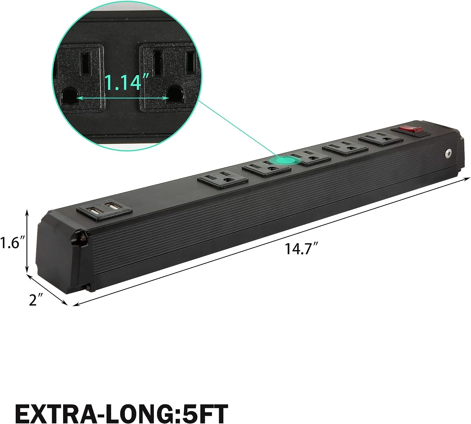E-Macht 2 Pack Long Power Strip, 6 Metal Power Outlets 2 USB Ports, 6 ft Long Extension Cord with Hook & Loop, Black