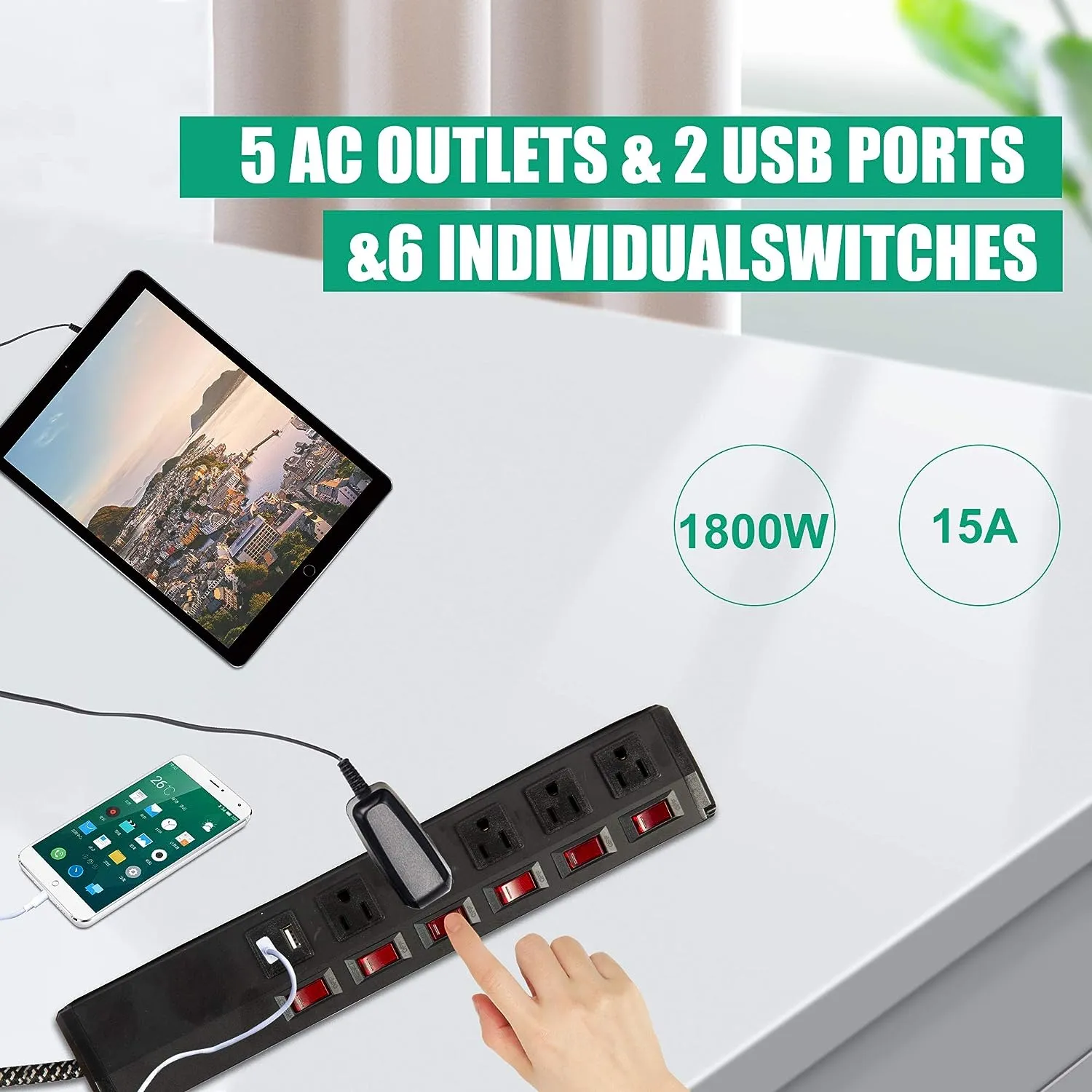 E-Macht Surge Protector Power Strip with Outlets and USB Charging Ports 6-Foot Cord for Home, Office -Black (2, 5 outlets 2 USB)