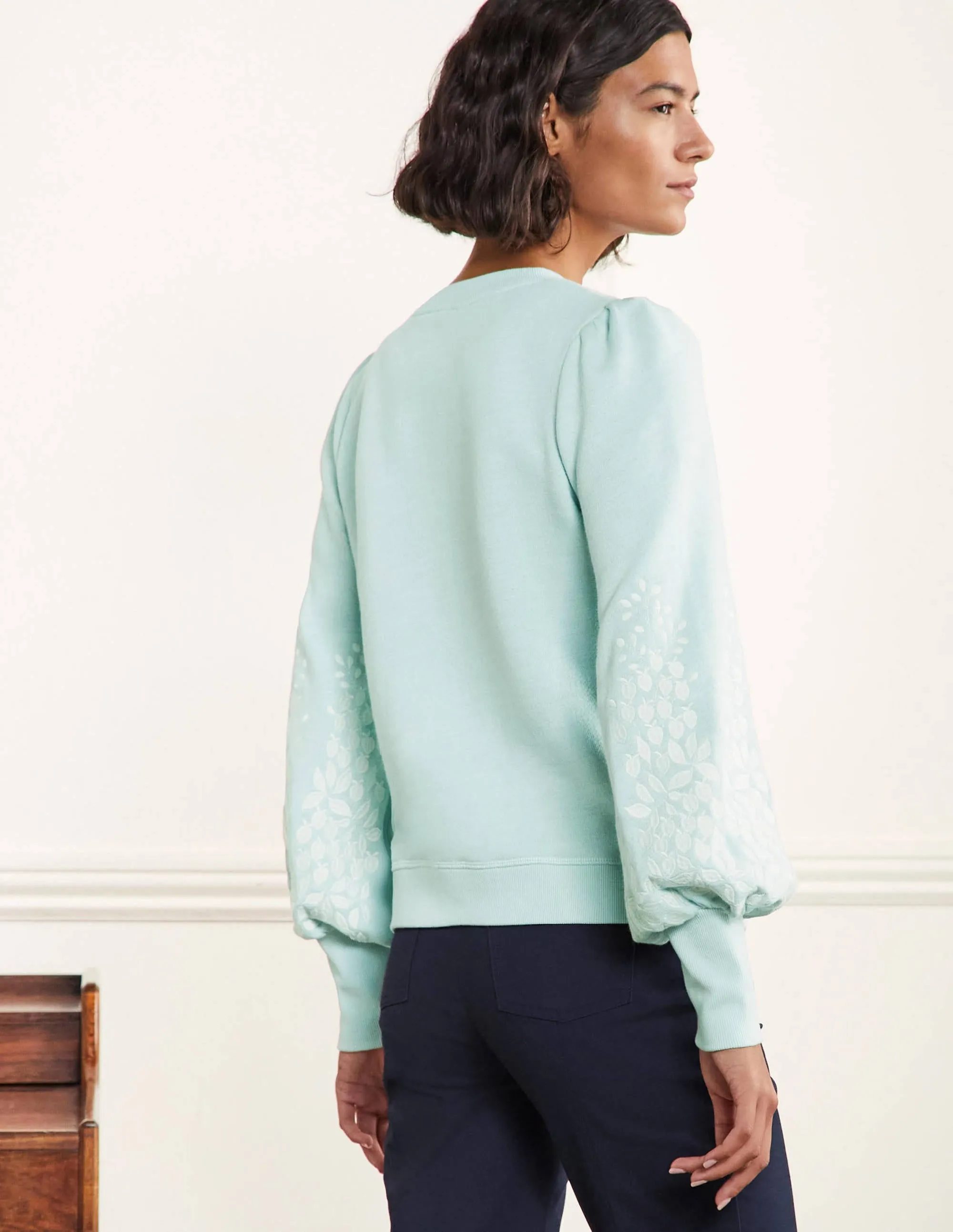 Embroidered Blouson Sweatshirt-Dawn Sky, Ivory Embroidery