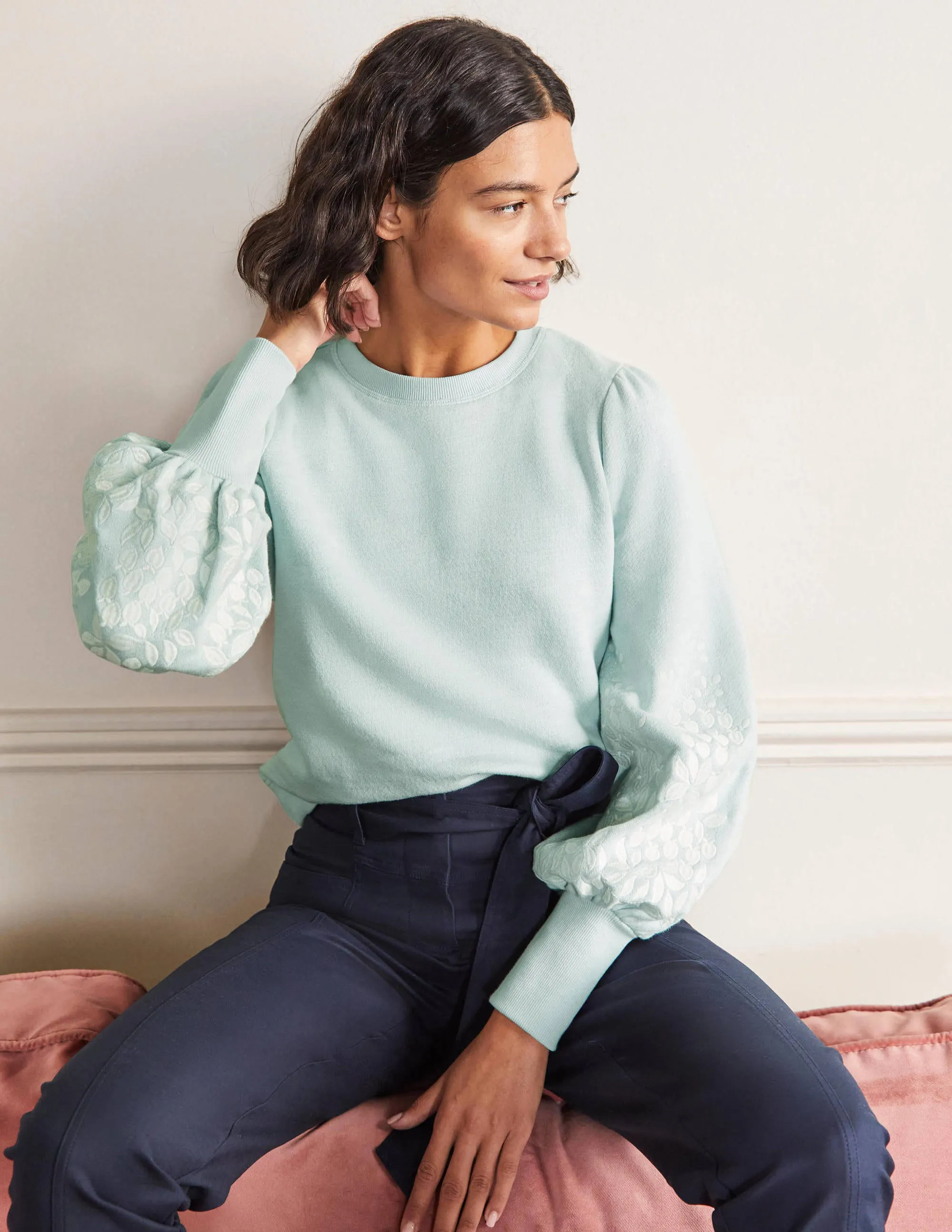 Embroidered Blouson Sweatshirt-Dawn Sky, Ivory Embroidery