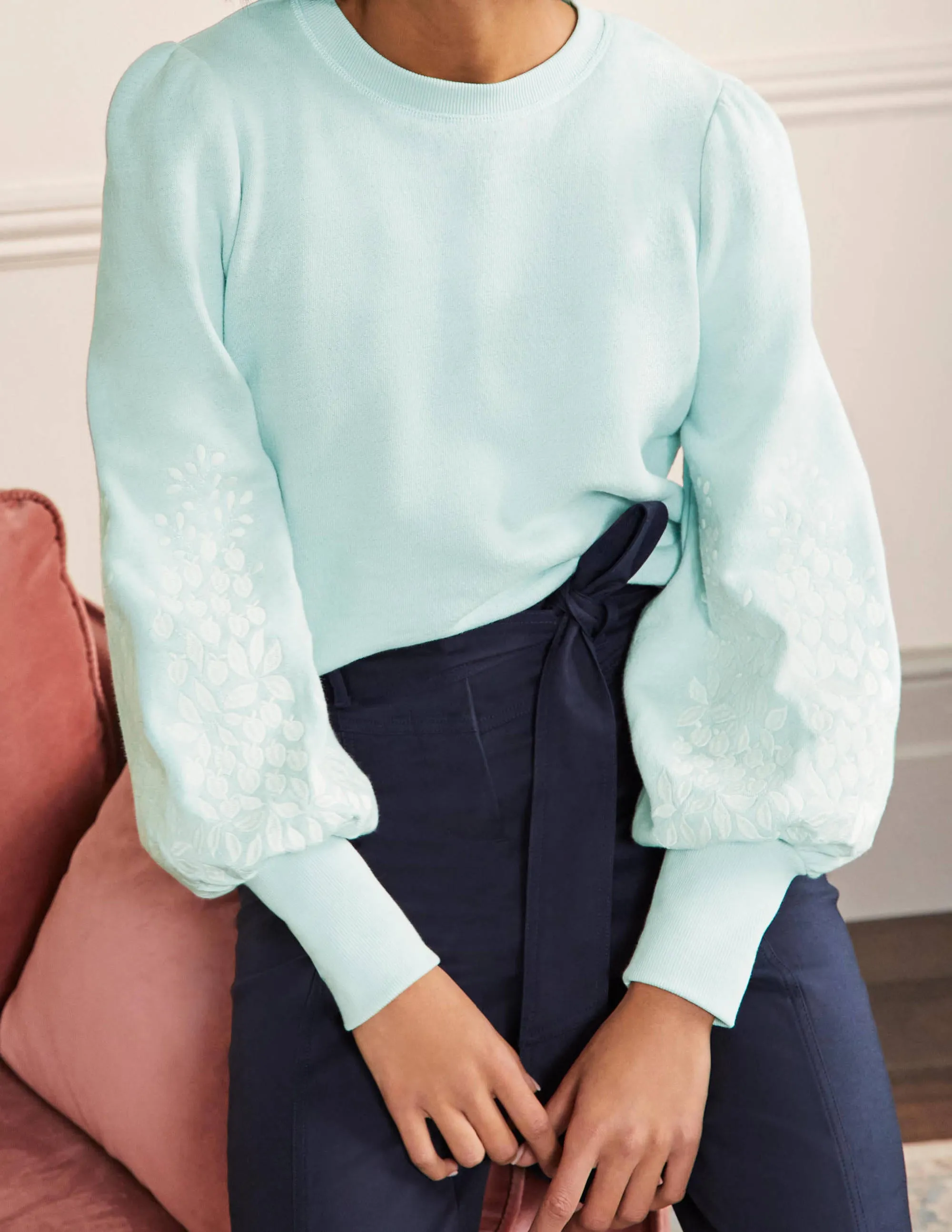 Embroidered Blouson Sweatshirt-Dawn Sky, Ivory Embroidery