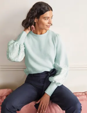 Embroidered Blouson Sweatshirt-Dawn Sky, Ivory Embroidery