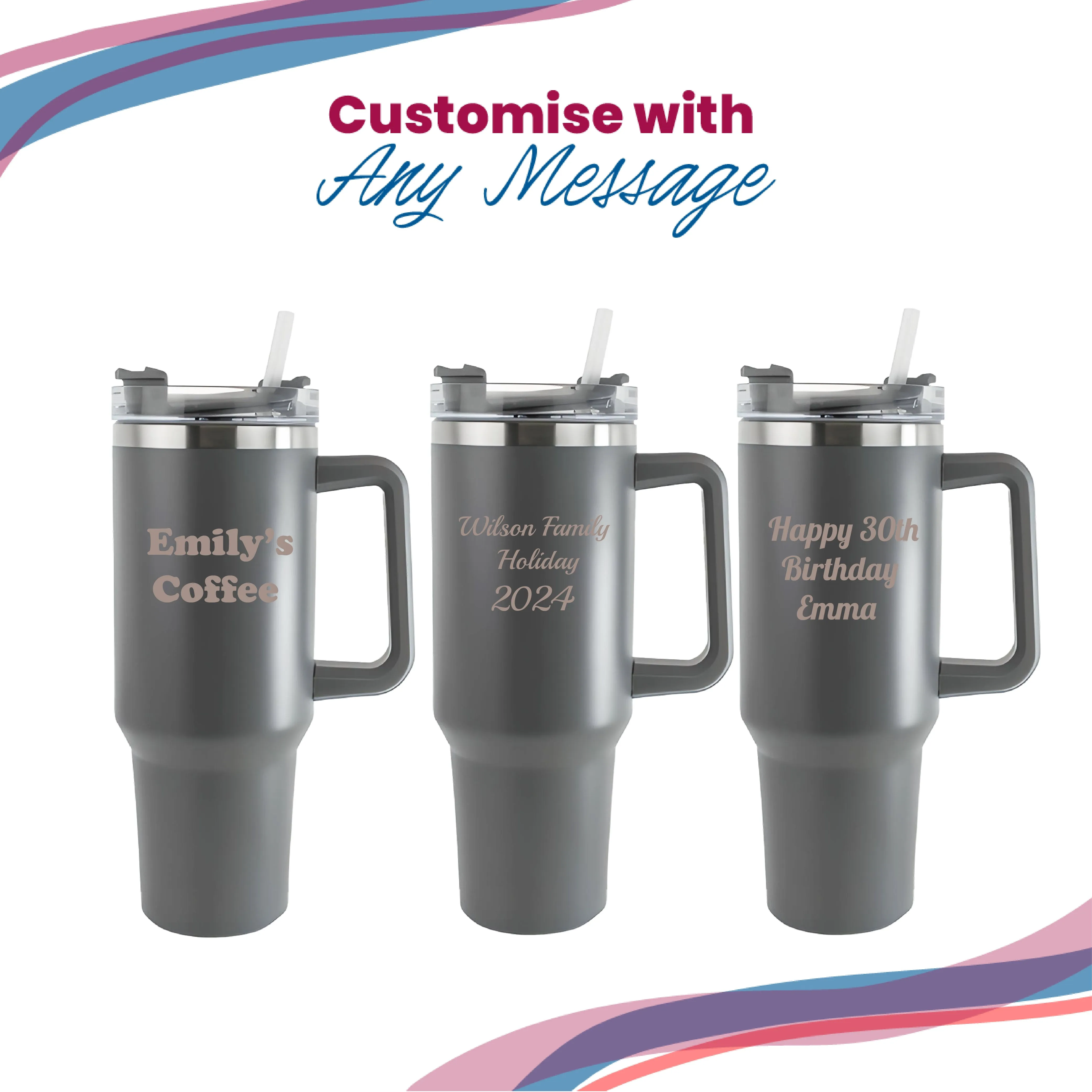 Engraved Extra Large Grey Travel Cup 40oz/1135ml, Any Message