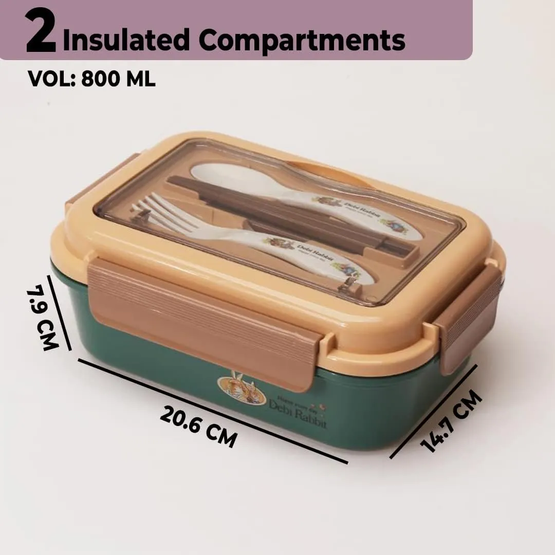 Kuber Industries Pack of 2 Insulated Lunch Box for Kids & Adults|Premium Food-Grade PP Plastic|Leakproof & Spill Proof|Dishwasher & Microwave Safe Lunch Box|800 ML|HX0042727|Green