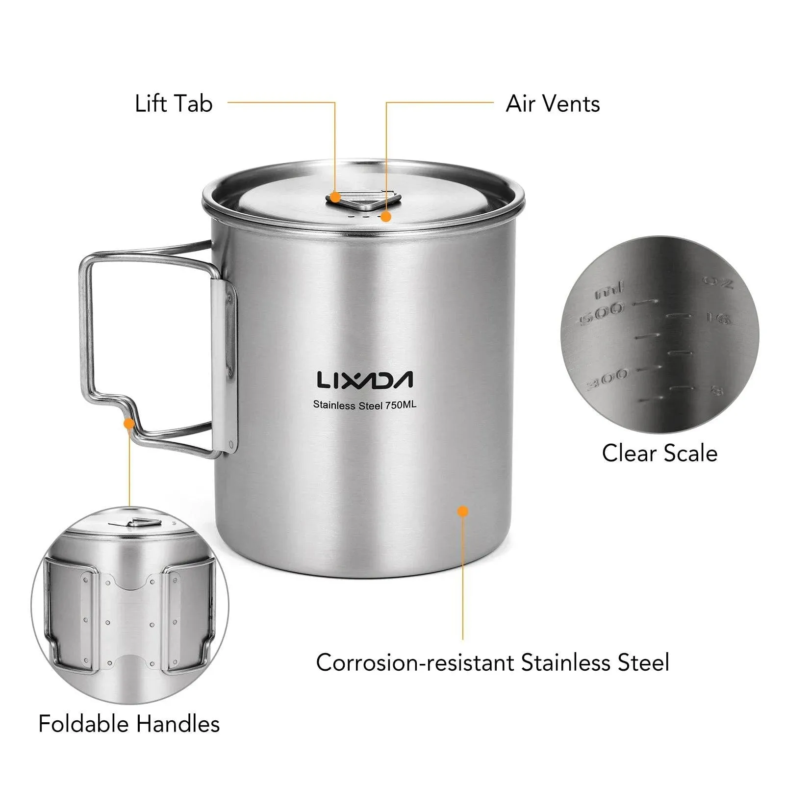 Lixada 750ml Stainless Steel Pot with Lid Hanging Portable Foldable Handle Water Cup for Outdoor Camping Cooking Hiking Picnic