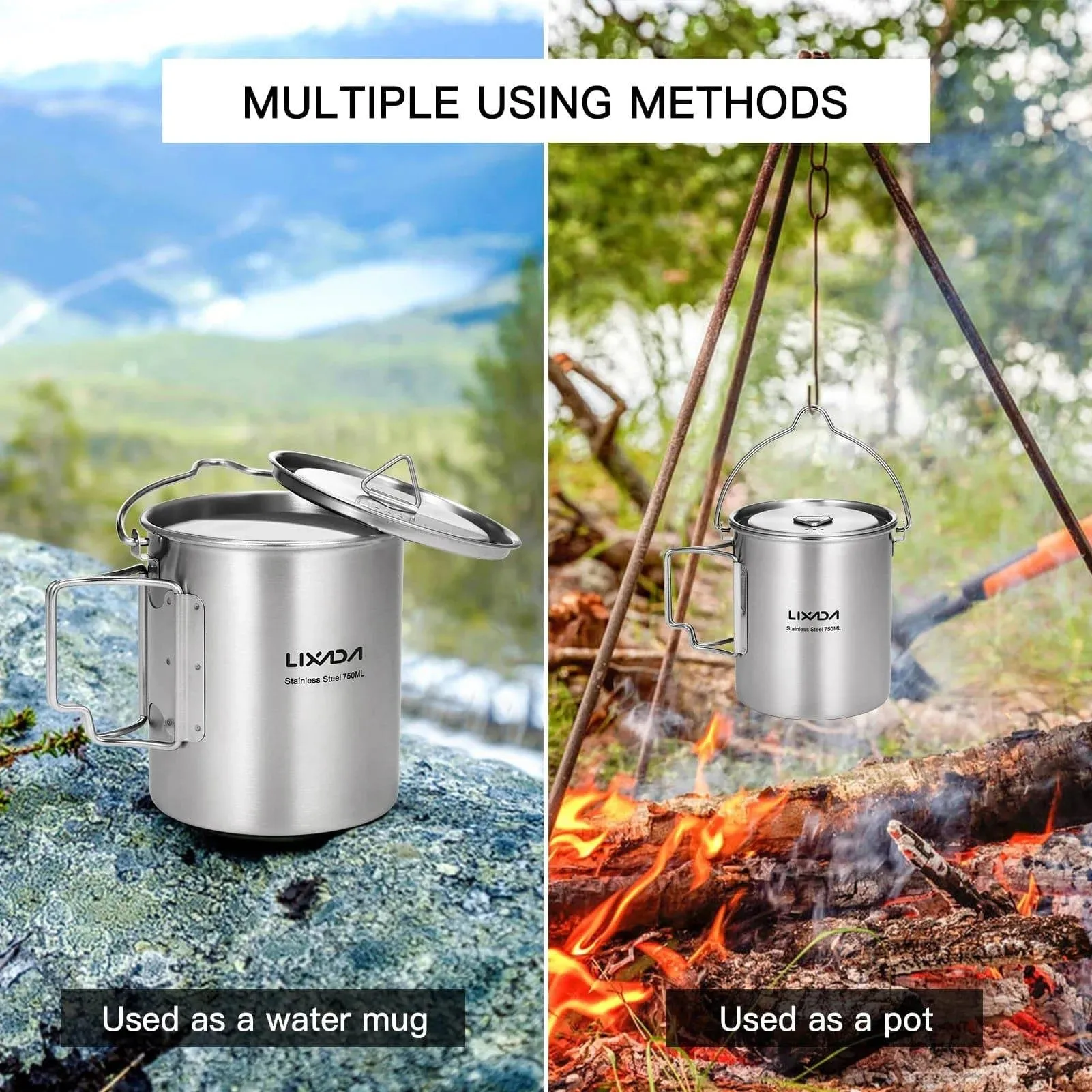 Lixada 750ml Stainless Steel Pot with Lid Hanging Portable Foldable Handle Water Cup for Outdoor Camping Cooking Hiking Picnic