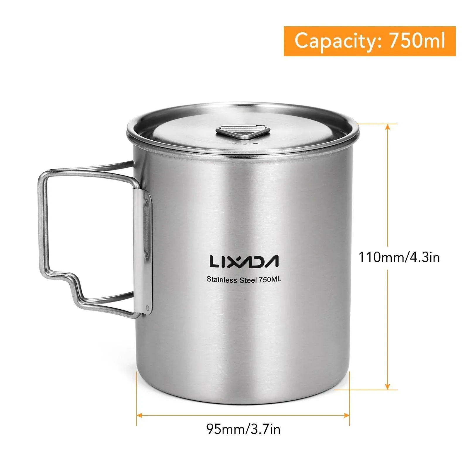 Lixada 750ml Stainless Steel Pot with Lid Hanging Portable Foldable Handle Water Cup for Outdoor Camping Cooking Hiking Picnic