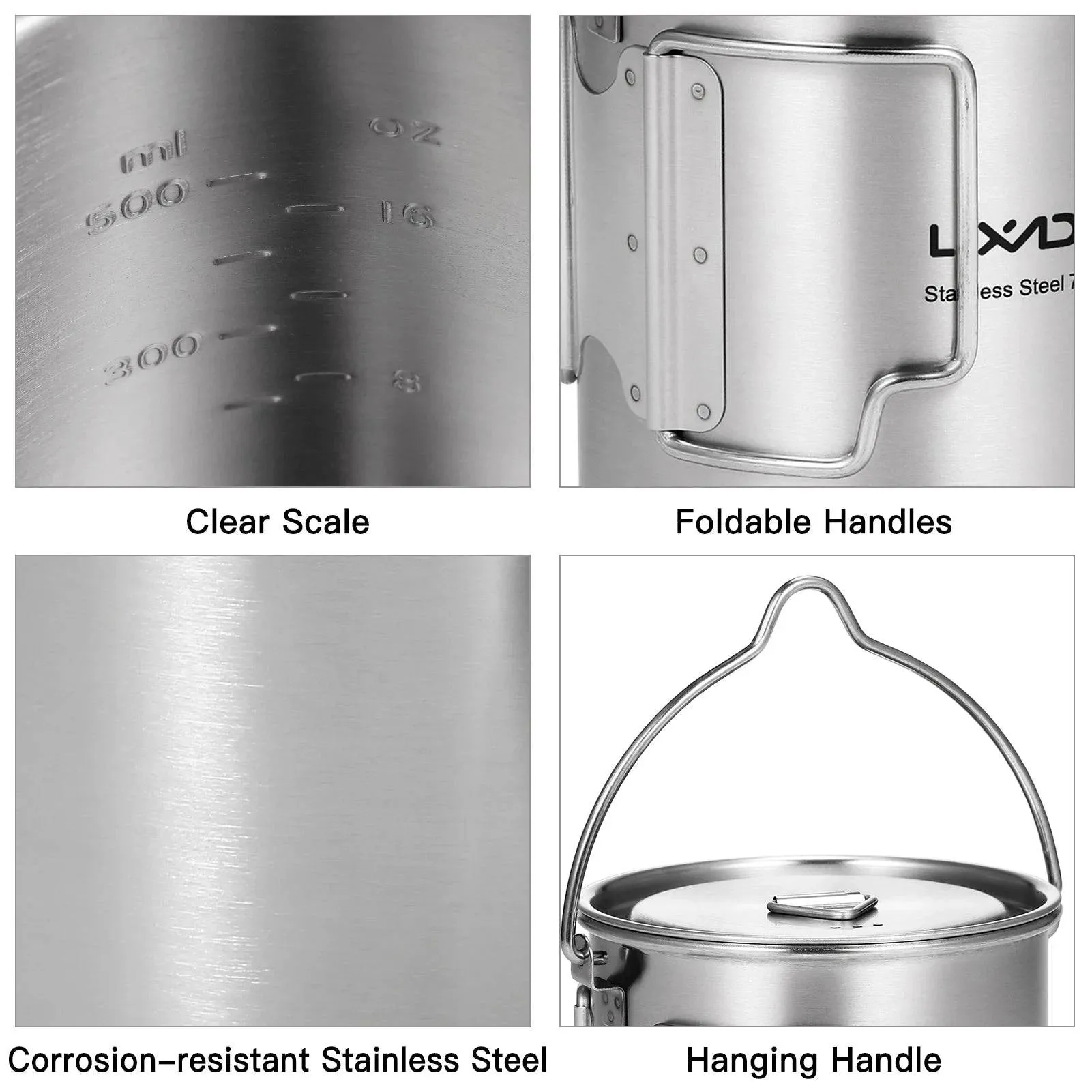 Lixada 750ml Stainless Steel Pot with Lid Hanging Portable Foldable Handle Water Cup for Outdoor Camping Cooking Hiking Picnic
