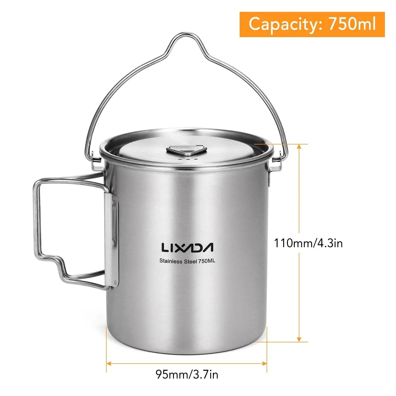 Lixada 750ml Stainless Steel Pot with Lid Hanging Portable Foldable Handle Water Cup for Outdoor Camping Cooking Hiking Picnic