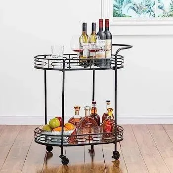 Luxurious Black Iron 2 Tier Oval Trolley with Mirror Top - Space Saving Design