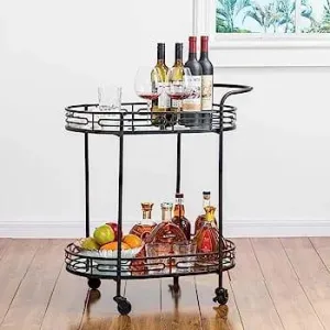 Luxurious Black Iron 2 Tier Oval Trolley with Mirror Top - Space Saving Design