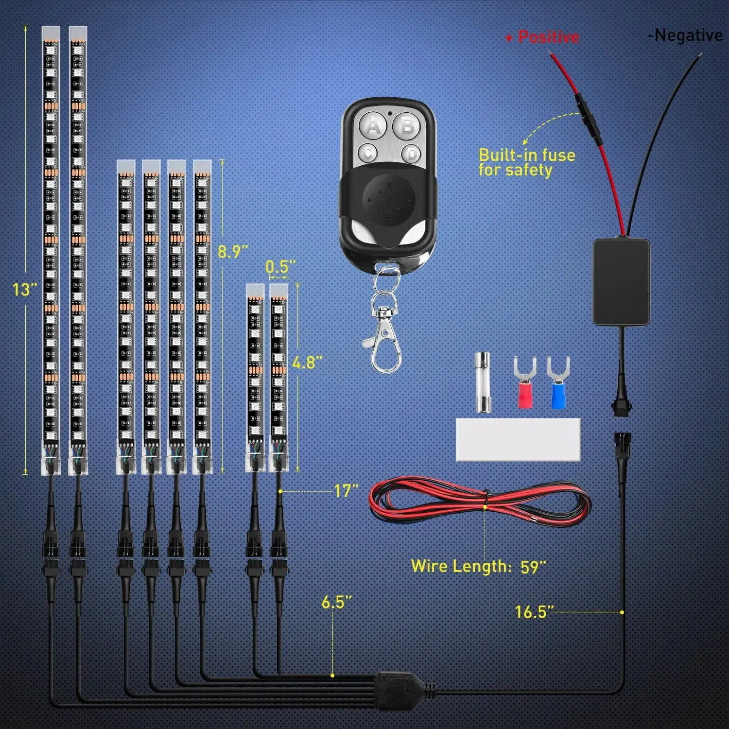 Motorcycle RGB RF Remote Control LED Strip Lights 8PCS