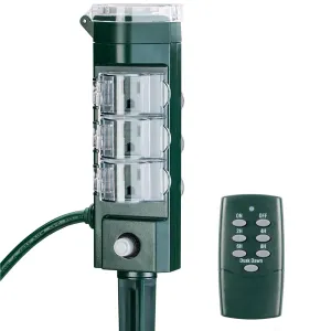 Outdoor Remote Control  Power Strip Yard Stake 6 Grounded Outlets Waterproof (2, 4, 6, 8 Hour) HBN