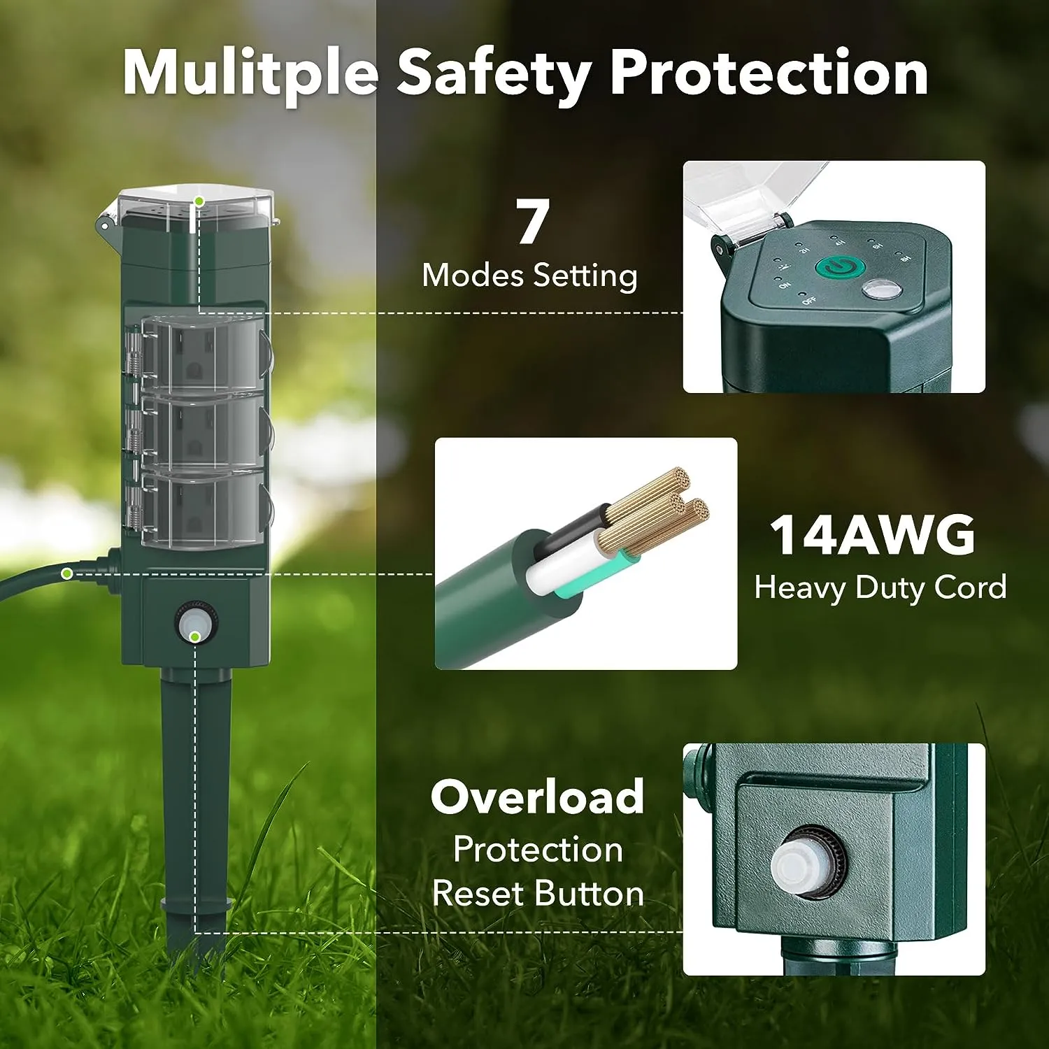 Outdoor Remote Control  Power Strip Yard Stake 6 Grounded Outlets Waterproof (2, 4, 6, 8 Hour) HBN