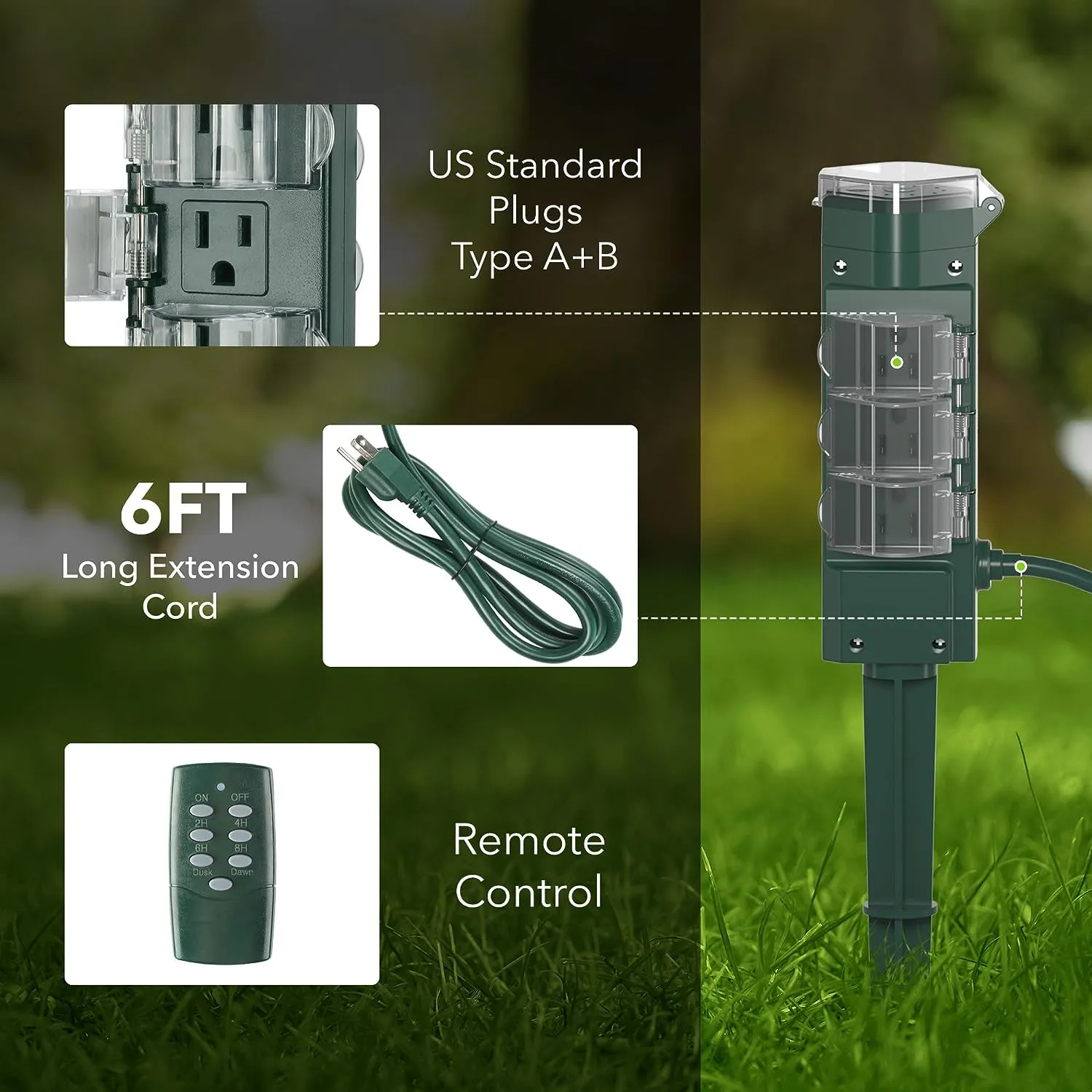 Outdoor Remote Control  Power Strip Yard Stake 6 Grounded Outlets Waterproof (2, 4, 6, 8 Hour) HBN