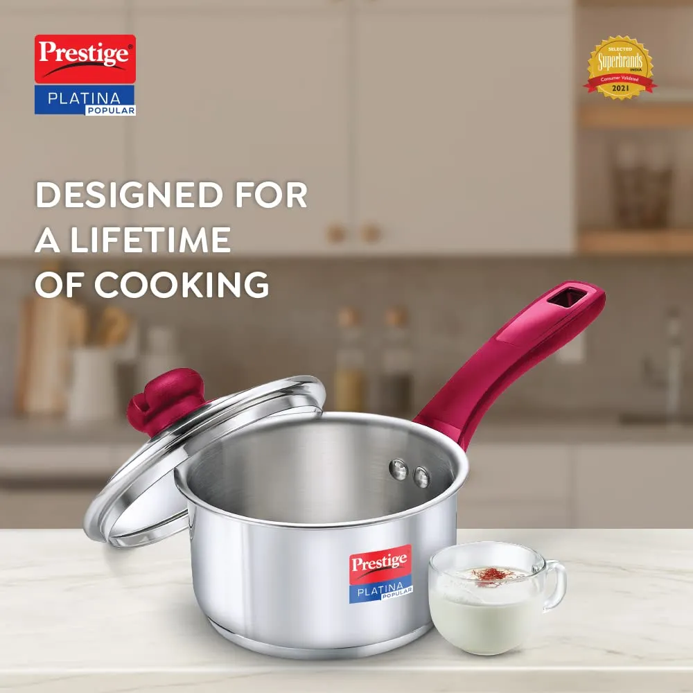 Prestige Platina Popular Stainless Steel Gas and Induction Compatible Sauce Pan with Glass Lid, 180 mm
