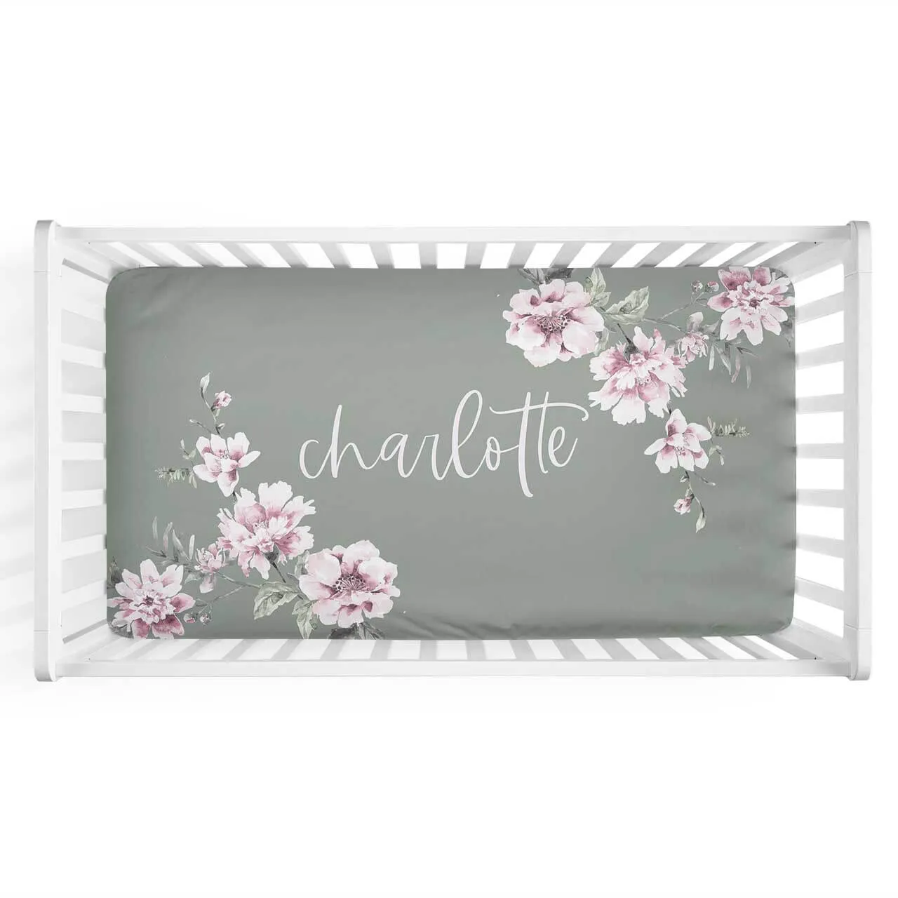 Saylor's Sage & Blush Floral Personalized Crib Sheet