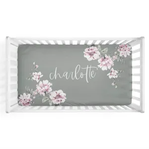 Saylor's Sage & Blush Floral Personalized Crib Sheet