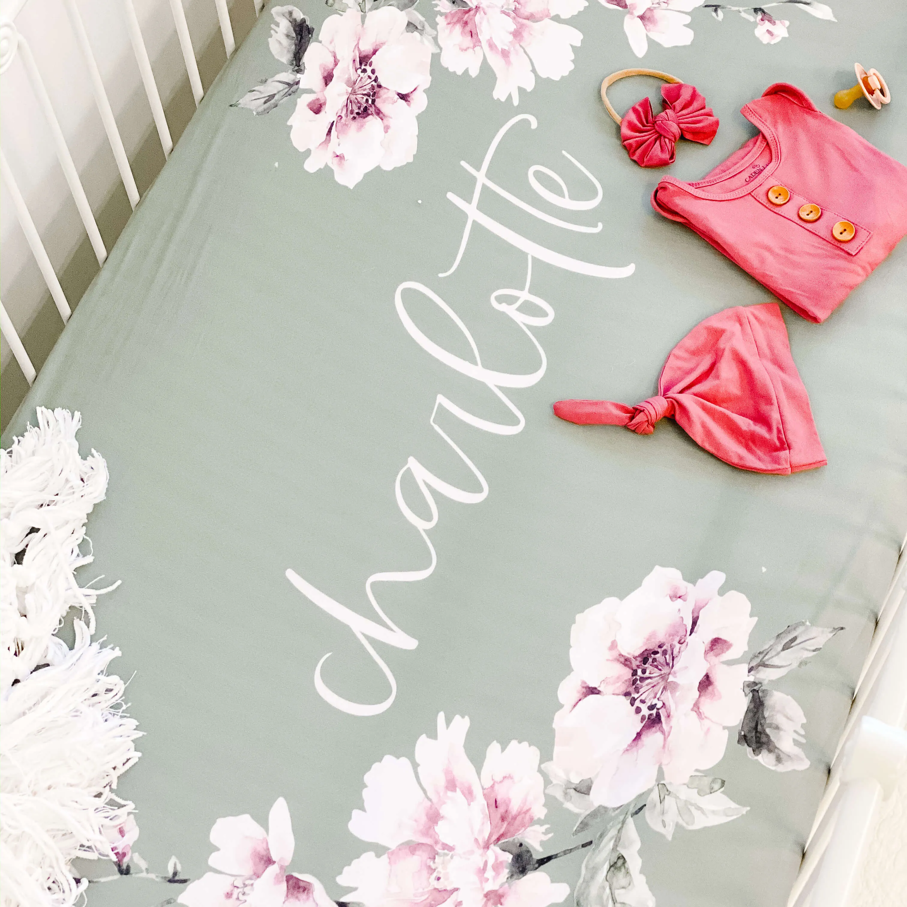 Saylor's Sage & Blush Floral Personalized Crib Sheet
