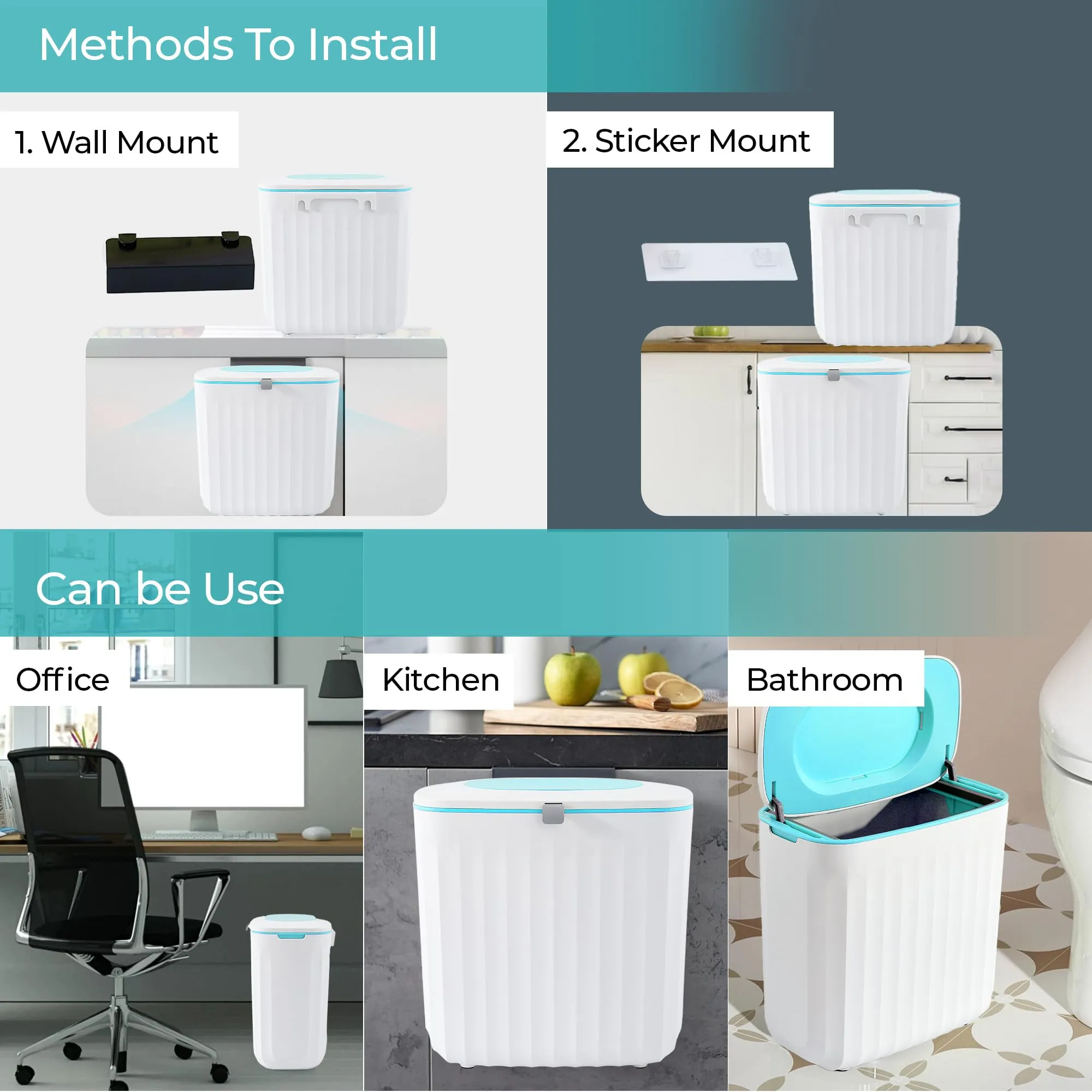 The Better Home 8L Hanging Dustbin With Lid | (25cm) Plastic Dustbin For Kitchen | Small Dustbin For Bathroom | Dustbin For Bedroom & Office | Light Blue & White