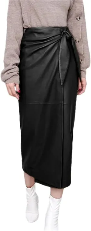 Women Leather Wrap Skirt Soft High Waist Lace Split Midi Skirt Slim Lace-Cp Pencil Skirt